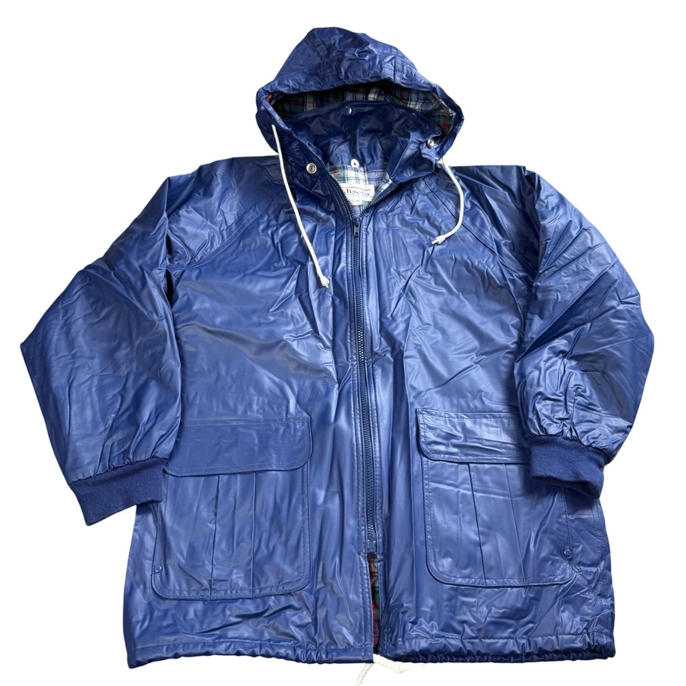 Talbots Raincoat Women Medium Blue Vintage Plaid Lined Hooded Slicker PVC Jacket